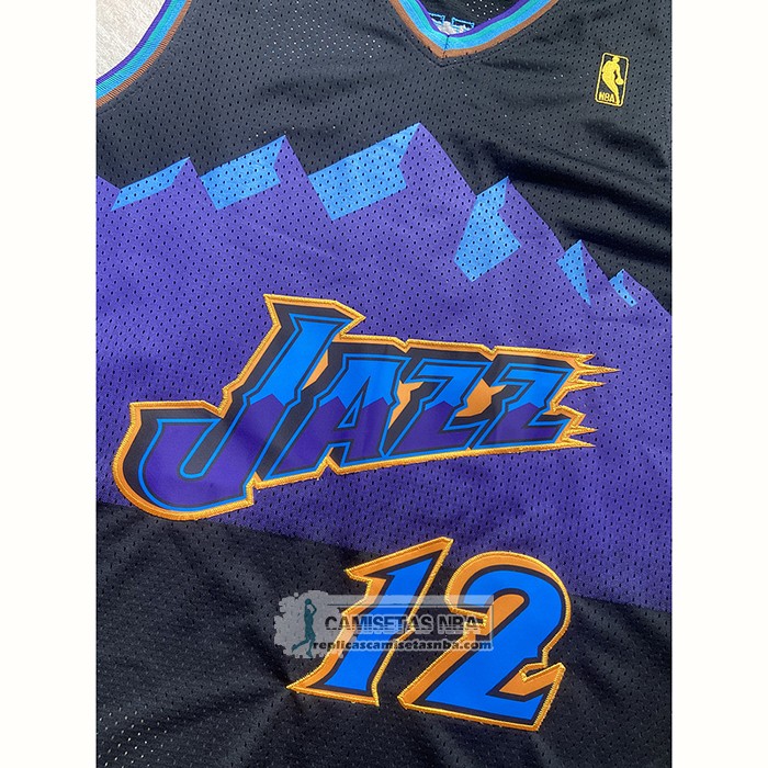 Camiseta Utah Jazz John Stockton NO 12 Mitchell & Ness 1996-97 Negro